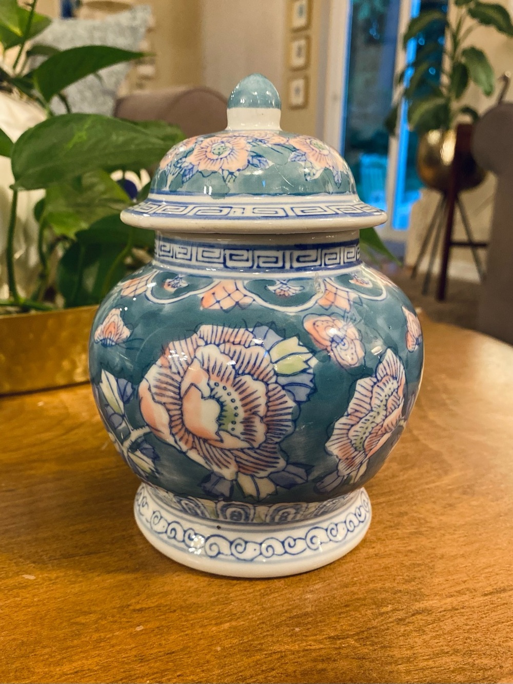 VTG Ginger Temple Jar Pink Flowers Butterflies Green Blue Chinese Chinoiserie